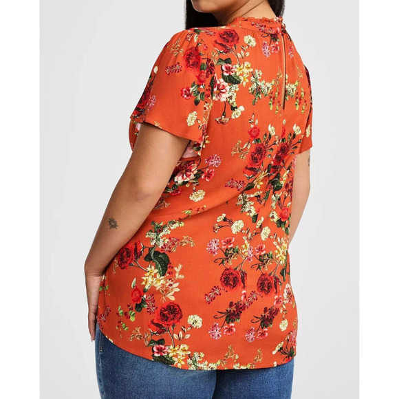 NWT Torrid Rayon Slub Mock Neck Flutter Sleeve Top Floral Orange Plus Size 2 2X - Picture 10 of 12